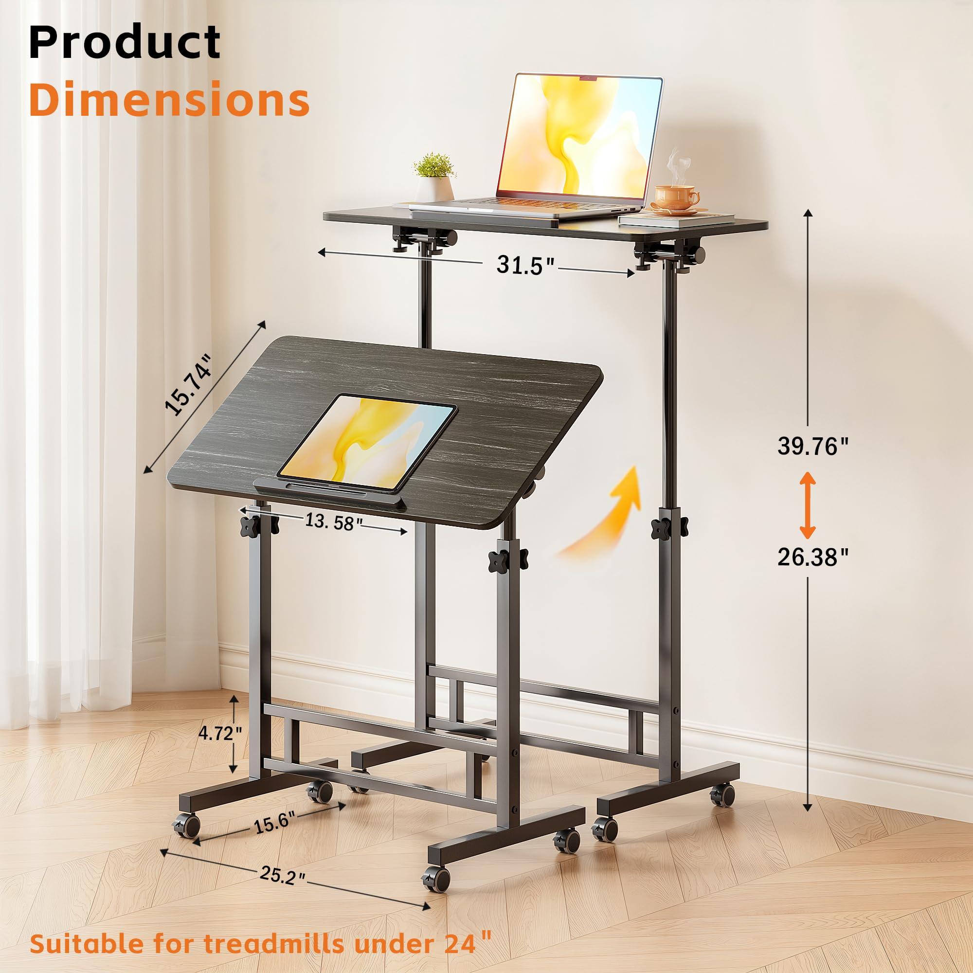 Mu Guang Adjustable Standing Desk - Rolling Portable Desk for Home Office, Black Portable Rolling Desk, Small Standing Desk with Wheels for Walking Pad, Study Room, Teacher