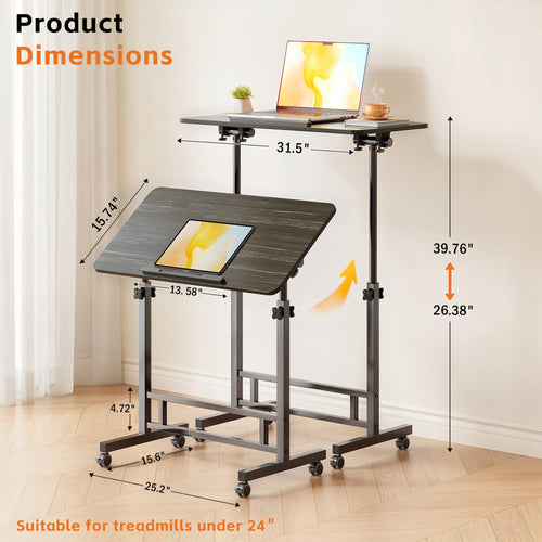 Mu Guang Adjustable Standing Desk - Rolling Portable Desk for Home Office, Black Portable Rolling Desk, Small Standing Desk with Wheels for Walking Pad, Study Room, Teacher