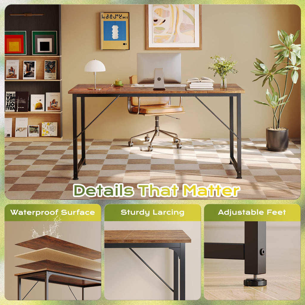 PRAISUN 55 Inch Computer Desk, Home Office Desk with Spacious Desktop, Modern Gaming Desk, Writing Study Table for Bedroom, Small Spaces, Work from Home Desk with Metal Frame, Rustic Brown