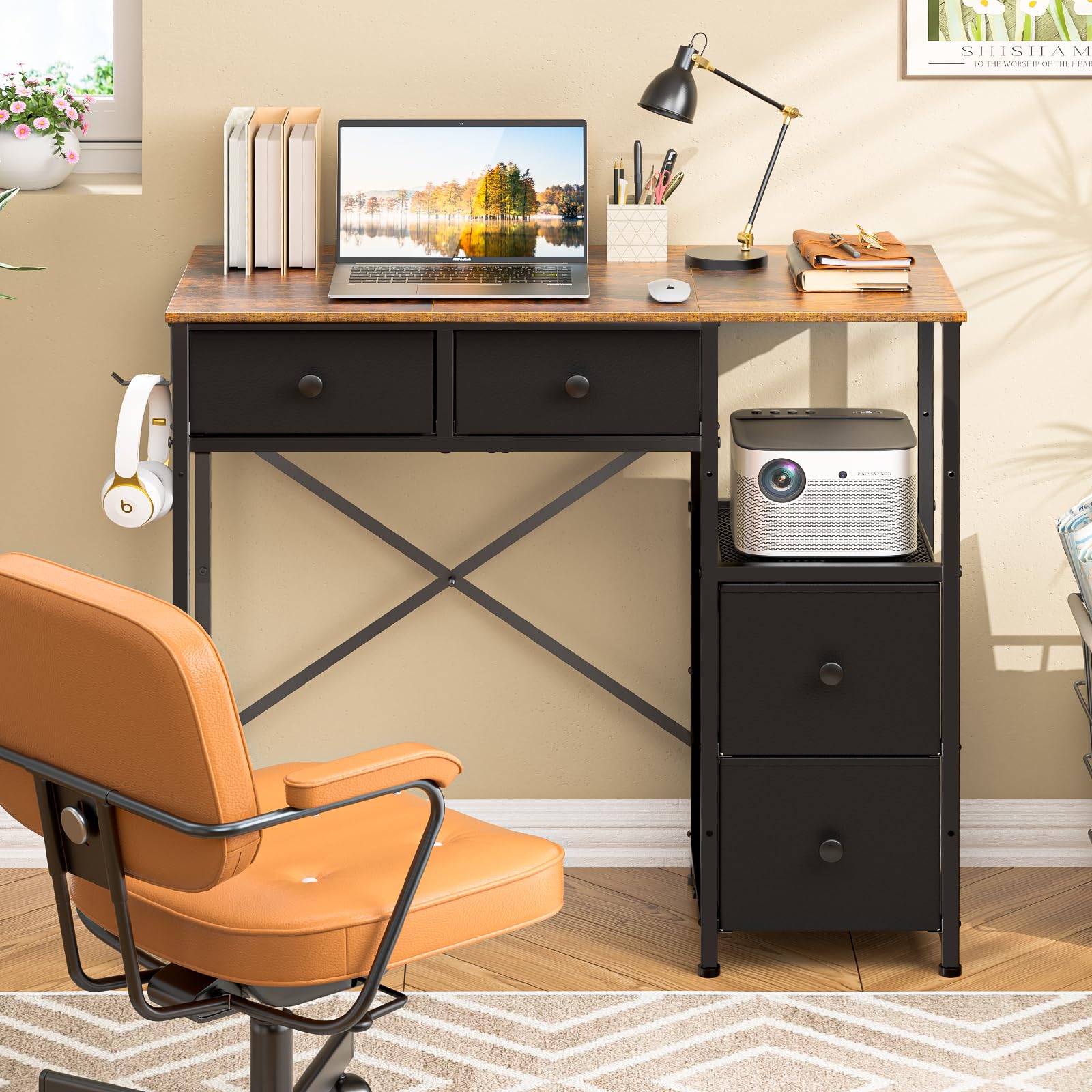 3IngSeagulls Small Computer Desk with 4 Fabric Drawers, Simple Writing Desk for Home Office, Compact Study Desks for Small Spaces, Kids Desk Study for Bedroom, Rustic Brown