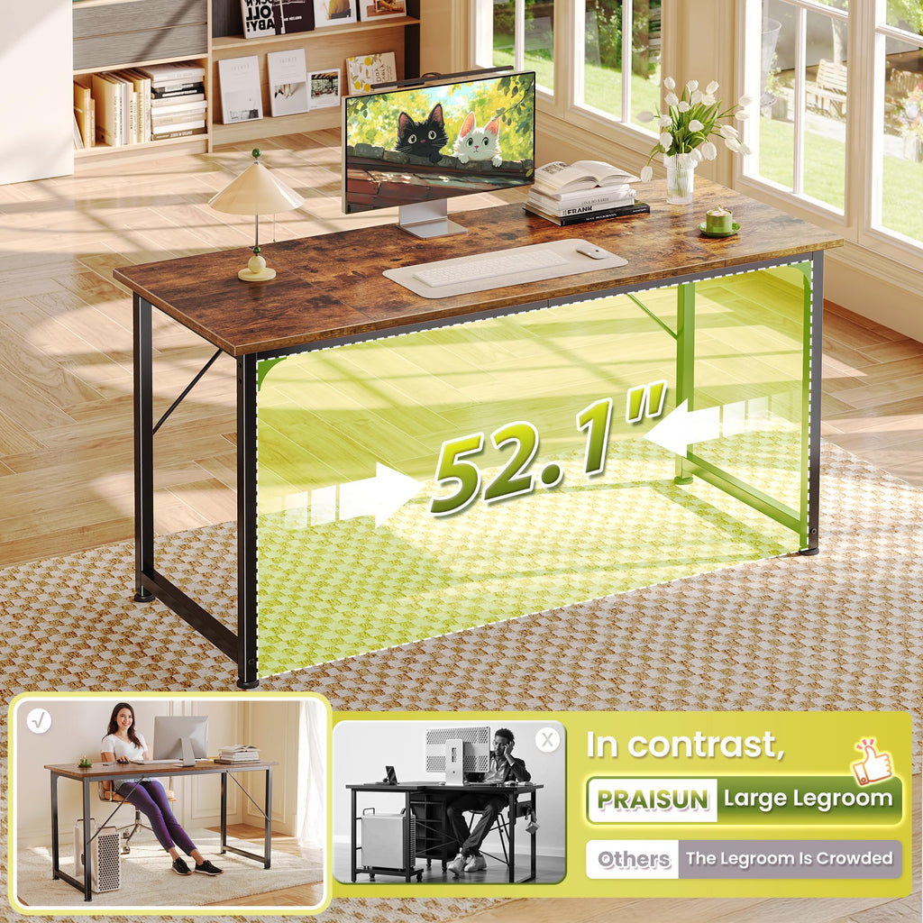 PRAISUN 55 Inch Computer Desk, Home Office Desk with Spacious Desktop, Modern Gaming Desk, Writing Study Table for Bedroom, Small Spaces, Work from Home Desk with Metal Frame, Rustic Brown